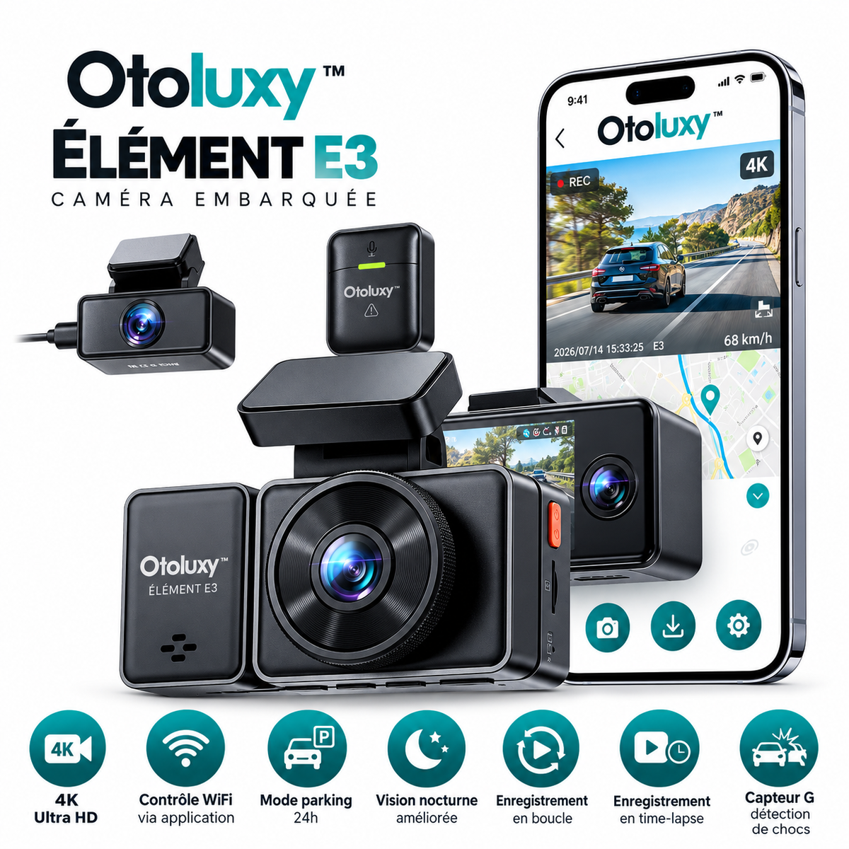 Otoluxy™ Élément E3 – Dashcam 4K avec Vision Nocturne et Surveillance Parking